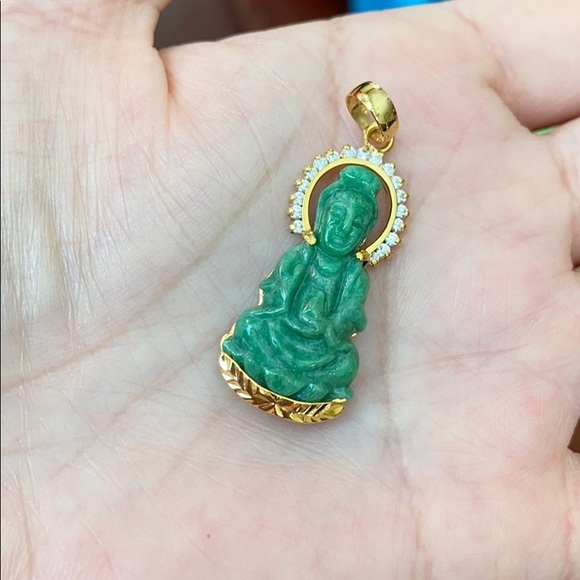 14K Real Gold Guanyin Kwan Yin Buddha Jade Pendant - Picture 9 of 10